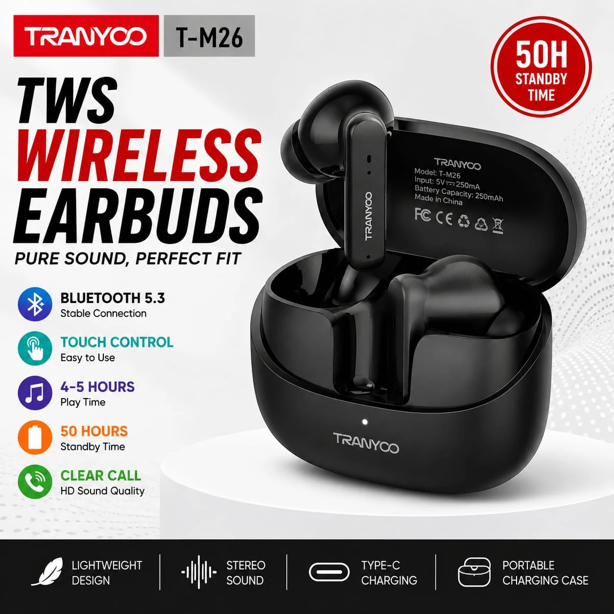 Tranyoo T-M26 TWS Wireless Earbuds (Bluetooth 5.3, Touch Control, 50H Standby)