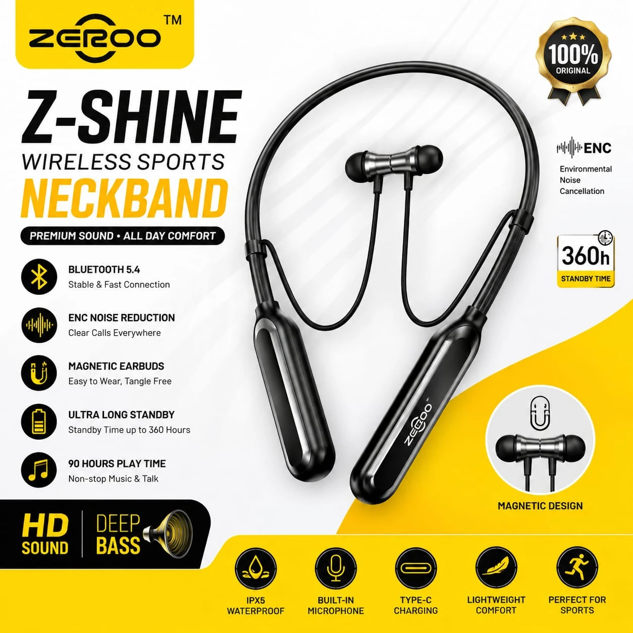 ZEROO Z-Shine Wireless Sports Neckband (Bluetooth 5.4, ENC Noise Reduction, Magnetic Design)