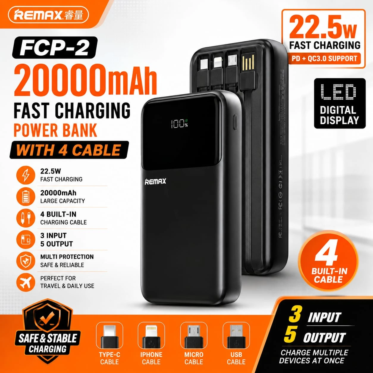 Remax FCP-2 20000mAh 22.5W Fast Charging Power Bank With 4 Cable