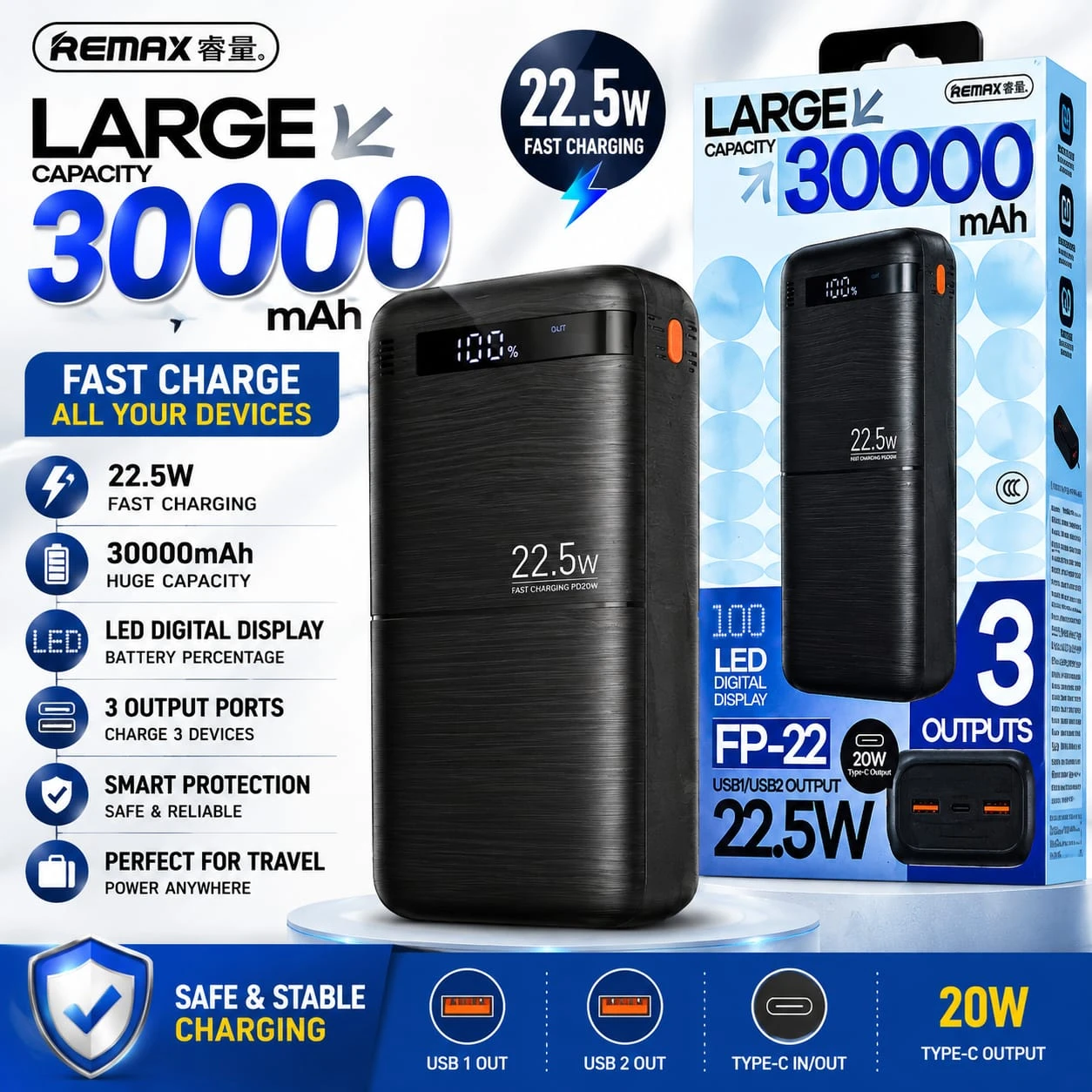 Remax FP-22 30000mAh 22.5W Fast Charging Power Bank